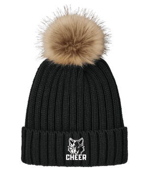 Custom Printed Apparel | Okemos Cheer Winter 2025 | Adult Black Faux Fur Pom Beanie "Vertical Wolf Logo" - Okemos Cheer W25 - 18860