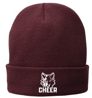 Custom Printed Apparel | Okemos Cheer Winter 2025 | Adult Maroon Fleece - Lined Knit Cap "Vertical Wolf Logo" - Okemos Cheer W25 - 18860