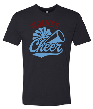 Custom Printed Apparel | Okemos Cheer Winter 2025 | Adult Unisex T-Shirt "Wolves Cheer Design" (Black/Ice Blue) - Okemos Cheer W25 - 18860