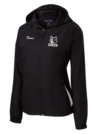 Custom Printed Apparel | Okemos Cheer Winter 2025 | Women's Black Hooded Raglan Jacket "Vertical Wolf Logo" (PERSONALIZATION OPTIONAL) - Okemos Cheer W25 - 18860