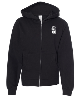 Custom Apparel - Screen Printing - Okemos CMS Cross Country - Youth Midweight Full Zip Hooded Sweatshirt (Black, Maroon) - Okemos CMS Cross Country 2024 - 16303