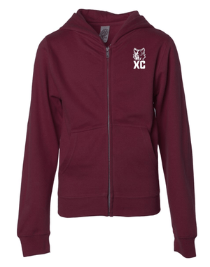 Custom Apparel - Screen Printing - Okemos CMS Cross Country - Youth Midweight Full Zip Hooded Sweatshirt (Black, Maroon) - Okemos CMS Cross Country 2024 - 16303
