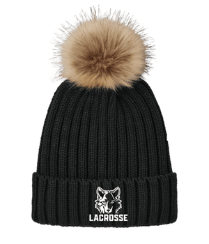 Custom Printed Apparel | Okemos Girls Lacrosse 2025 | Adult Black Faux Fur Pom Beanie "Vertical Wolf Logo" - Okemos Girls Lacrosse 25 - 18790