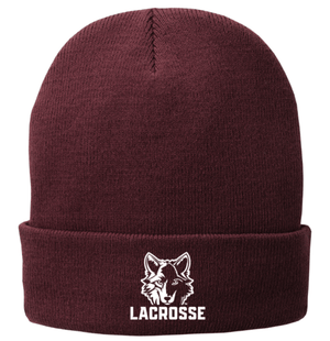 Custom Printed Apparel | Okemos Girls Lacrosse 2025 | Adult Maroon Fleece - Lined Knit Cap "Vertical Wolf Logo" - Okemos Girls Lacrosse 25 - 18790