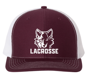 Custom Printed Apparel | Okemos Girls Lacrosse 2025 | Adult Maroon/White Snapback Trucker Cap "Vertical Wolf Logo" - Okemos Girls Lacrosse 25 - 18790