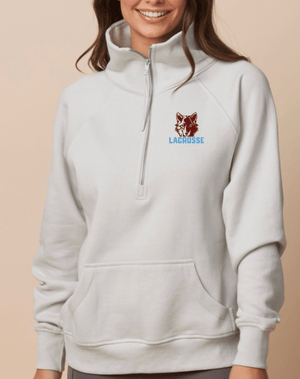 Custom Printed Apparel | Okemos Girl's Lacrosse 2025 | Ladies Grey Boxy Half Zip Fleece "Vertical Wolf Badge" - Okemos Girls Lacrosse 25 - 18790