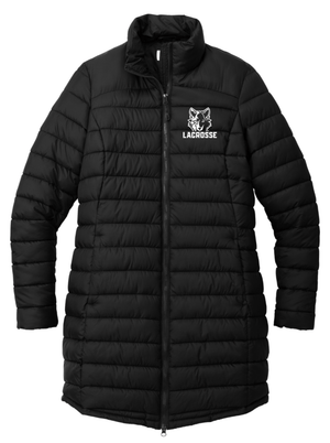 Custom Printed Apparel | Okemos Girls Lacrosse 2025 | Women's Black Puffy Long Jacket "Vertical Wolf Logo" - Okemos Girls Lacrosse 25 - 18790