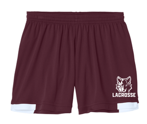 Custom Printed Apparel | Okemos Girls Lacrosse 2025 | Women's Club 5" Short "Vertical Wolf Logo" (Maroon/White or Black) - Okemos Girls Lacrosse 25 - 18790