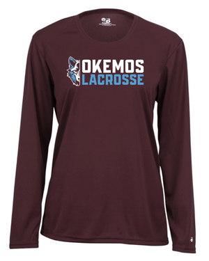 Custom Printed Apparel | Okemos Girls Lacrosse 2025 | Women's Maroon Long Sleeve Performance T-Shirt "Half Wolf Logo" - Okemos Girls Lacrosse 25 - 18790