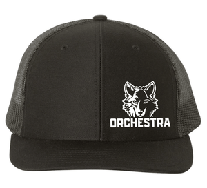 Custom Printed Apparel | Okemos Orchestra 2025 - Adult Snapback Trucker Cap "Badge Design" (Grey/Black) - Okemos Orchesta W25 - 18692