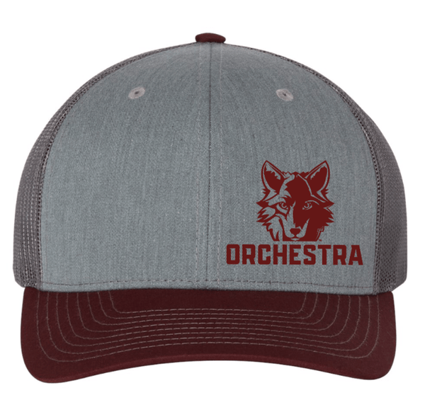 Custom Printed Apparel | Okemos Orchestra 2025 - Adult Snapback Trucker Cap "Badge Design" (Grey/Black) - Okemos Orchesta W25 - 18692