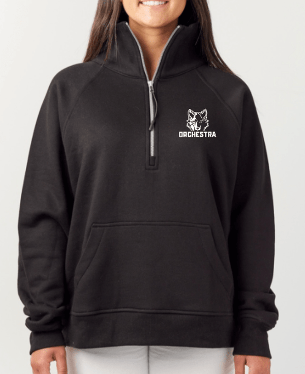 Custom Printed Apparel | Okemos Orchestra 2025 - Ladies Boxy Fleece Half - Zip "Badge Design" (Black/Athletic Heather) - Okemos Orchesta W25 - 18692