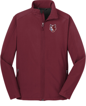 Custom Apparel - Screen Printing - Okemos Public Montessori - Adult Core Soft Shell Jacket Maroon - OPM Spiritwear 2024 - 16149