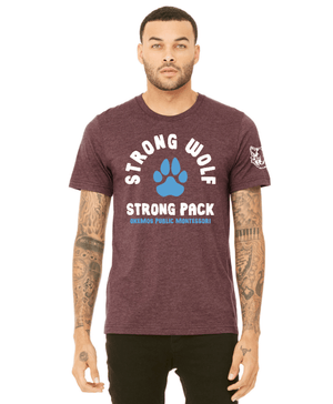 Custom Apparel - Screen Printing - Okemos Public Montessori - Adult Unisex T-Shirt Maroon/ Grey - OPM Spiritwear 2024 - 16149