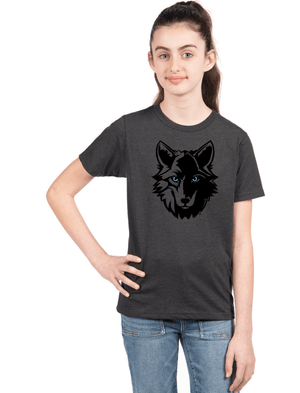 Custom Apparel - Screen Printing - Okemos Public Montessori - Youth Crew T-Shirt Charcoal Wolf Logo - OPM Spiritwear 2024 - 16149