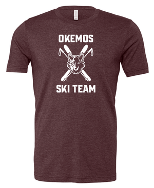 Custom Printed Apparel | Okemos Ski Apparel Winter 2025 - Adult Unisex T-Shirt (Maroon/Columbia Blue) - Okemos Ski W25 - 18677