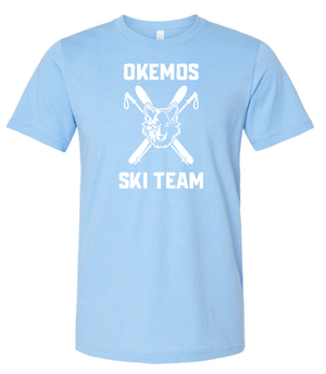 Custom Printed Apparel | Okemos Ski Apparel Winter 2025 - Adult Unisex T-Shirt (Maroon/Columbia Blue) - Okemos Ski W25 - 18677
