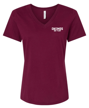 Custom Printed Apparel | Okemos Ski Team Winter 2025 - Women's Maroon V - Neck T-Shirt "Badge Design" - Okemos Ski W25 - 18677