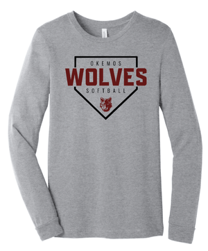 Custom Apparel - Screen Printing - Okemos Softball 2025 - Unisex Long Sleeve T-Shirt (Grey / Carolina Blue) **Personalization Optional** (Wolves Design) - Okemos Softball 2025 - 17368