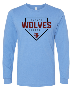 Custom Apparel - Screen Printing - Okemos Softball 2025 - Unisex Long Sleeve T-Shirt (Grey / Carolina Blue) **Personalization Optional** (Wolves Design) - Okemos Softball 2025 - 17368