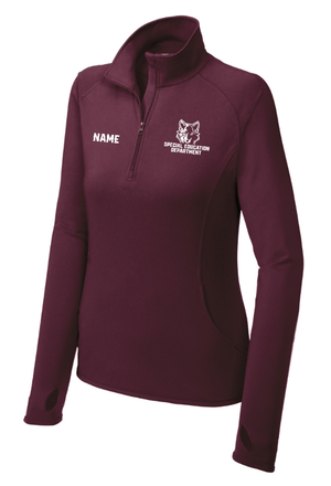 Custom Apparel - Screen Printing - Okemos Special Education Department - Women's Sport Wick Stretch Quarter Zip Pullover (Personalization Available) Maroon/ Grey - Okemos Special Education Department - 16675