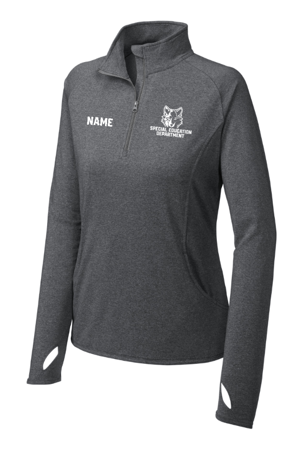 Custom Apparel - Screen Printing - Okemos Special Education Department - Women's Sport Wick Stretch Quarter Zip Pullover (Personalization Available) Maroon/ Grey - Okemos Special Education Department - 16675