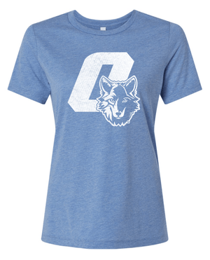 Custom Apparel - Screen Printing - Okemos Wolves Community - Women's Relaxed Fit Triblend T-Shirt ("O" With Wolf Design) - Okemos Wolves Community - 16314