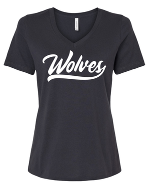 Custom Apparel - Screen Printing - Okemos Wolves Community - Women's Relaxed V - Neck T-Shirt (Mauve, Dark Grey) (Wolves Script Design) - Okemos Wolves Community - 16314