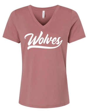 Custom Apparel - Screen Printing - Okemos Wolves Community - Women's Relaxed V - Neck T-Shirt (Mauve, Dark Grey) (Wolves Script Design) - Okemos Wolves Community - 16314