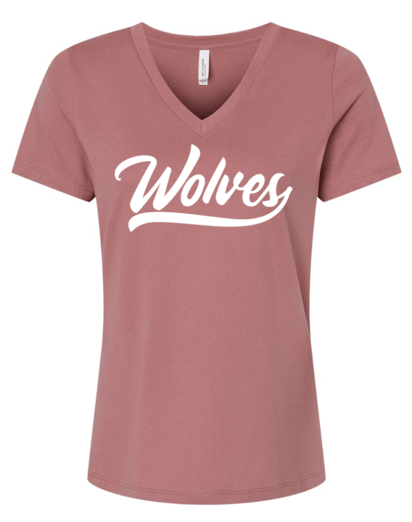 Custom Apparel - Screen Printing - Okemos Wolves Community - Women's Relaxed V - Neck T-Shirt (Mauve, Dark Grey) (Wolves Script Design) - Okemos Wolves Community - 16314