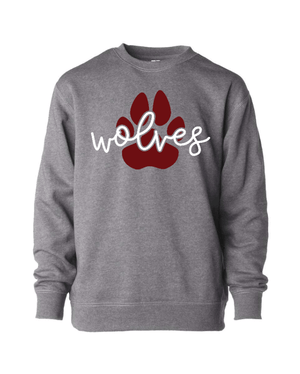 Custom Apparel - Screen Printing - Okemos Wolves Community - Youth Lightweight Crewneck Sweatshirt (Wolves Script & Paw Print Deesign) - Okemos Wolves Community - 16314