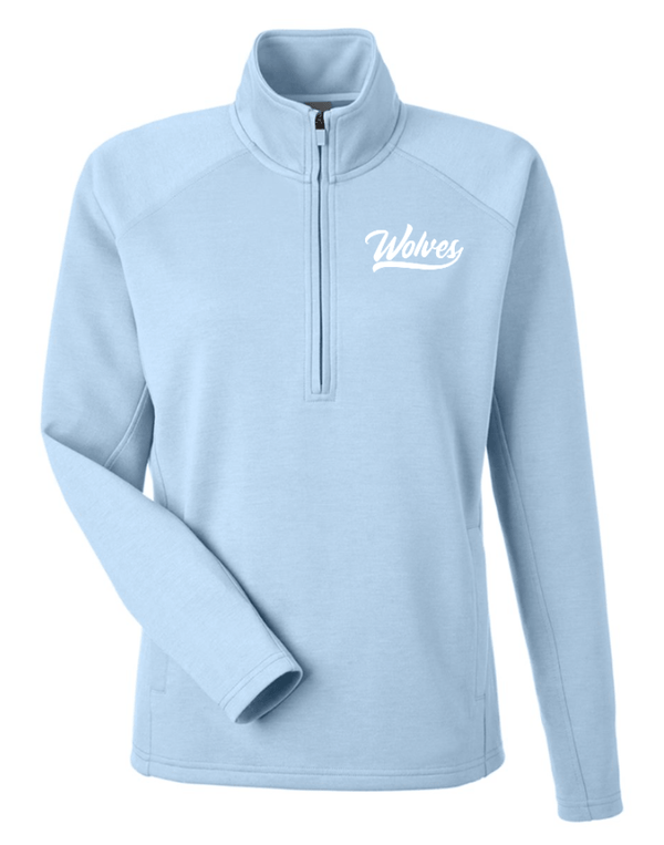 Custom Apparel - Screen Printing - Okemos Wolves - Embroidered Women's Fleece Quarter Zip Pullover (Blue / Tan) (Apparel on Demand) - Okemos Public Schools