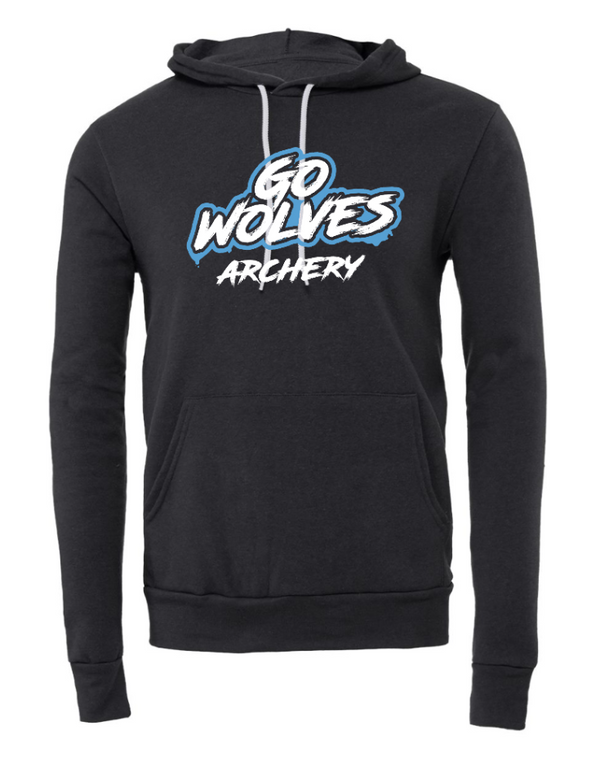 Okemos Archery 2025 - Sponge Fleece Hoodie -- Dark Grey -- Go Wolves Archery Design