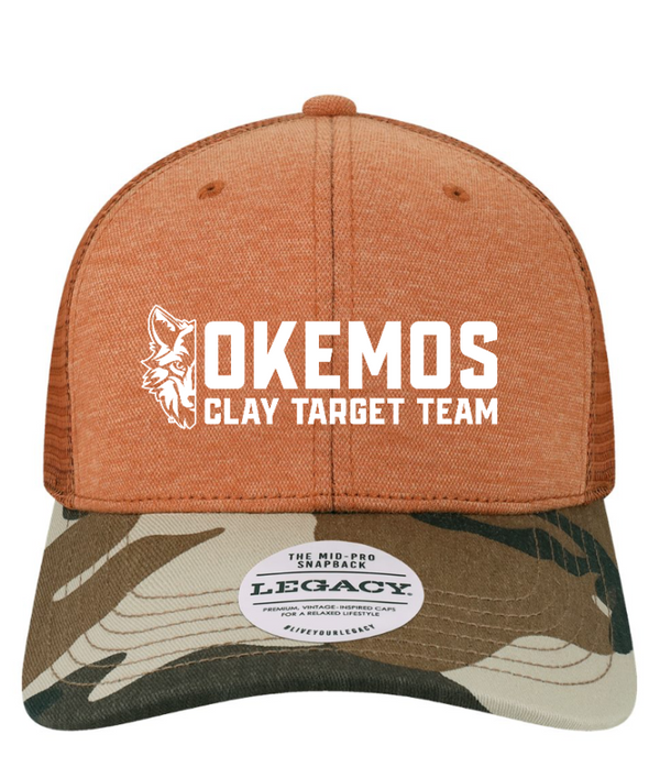 Okemos Clay Target Team 2024 - Snapback Trucker Cap (Black Camo, Orange Camo)