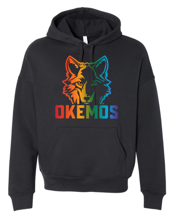 Okemos Wolves Community - Adult Fleece Drop Shoulder Hoodie (Rainbow Wolf Design)