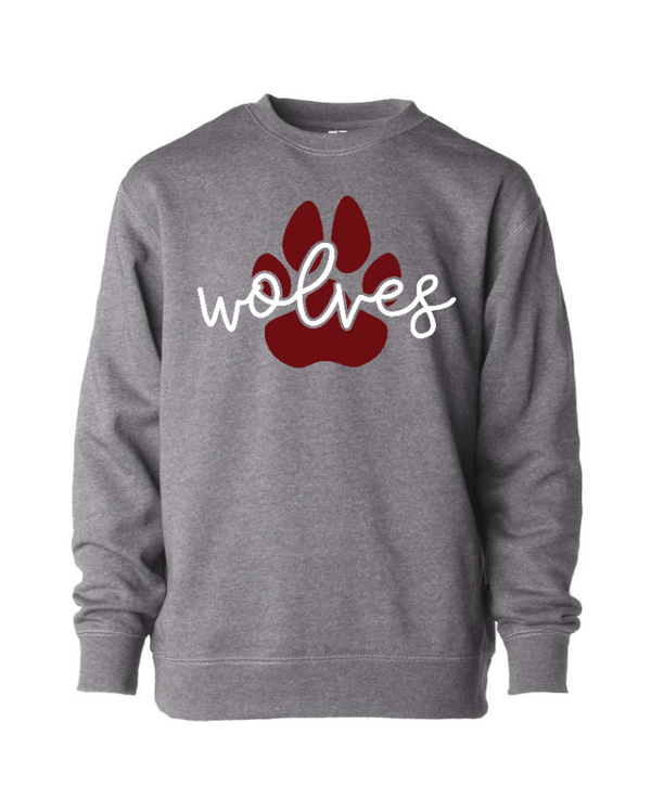 Okemos Wolves Community - Youth Lightweight Crewneck Sweatshirt (Wolves Script & Paw Print Deesign)