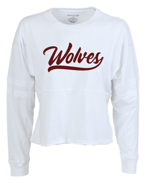 Okemos Wolves Community - Women's Crop Retro Jersey Shirt (Wolves Script Design)