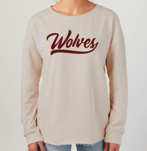Custom Printed Apparel | OPM Holiday Store | Ladies Drop Shoulder Beach Fleece Crew "Wolves" (Tan/Athletic Heather) - OPM W25 - 18675