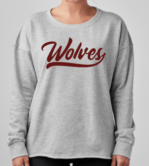 Custom Printed Apparel | OPM Holiday Store | Ladies Drop Shoulder Beach Fleece Crew "Wolves" (Tan/Athletic Heather) - OPM W25 - 18675