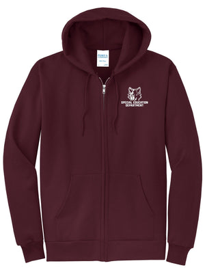 Okemos Special Education Apparel Zip Up Hoodie Maroon front view