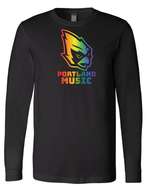Custom Printed Apparel | Portland Music Fall 2025 - Adult Black Long Sleeve Tee Rainbow Design - Portland Music F25 - 18404