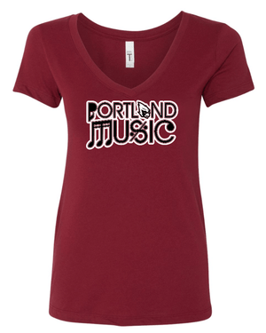 Custom Printed Apparel | Portland Music Fall 2025 - Women's Cardinal V - Neck T-Shirt Portland Music Design - Portland Music F25 - 18404