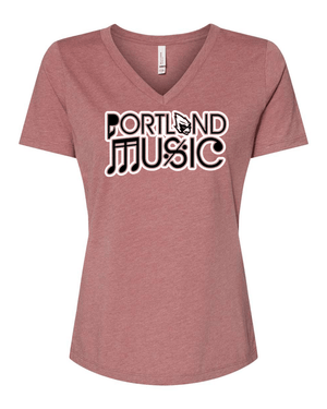 Custom Apparel - Screen Printing - Portland Music - Women's Relaxed V - Neck CVC Tee - Portland Music 2024 - 16689