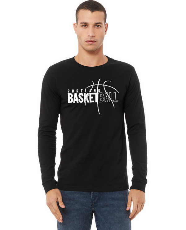 Portland Middle School Basketball - Adult Unisex Long Sleeve Tee -- Heather Cardinal / Black