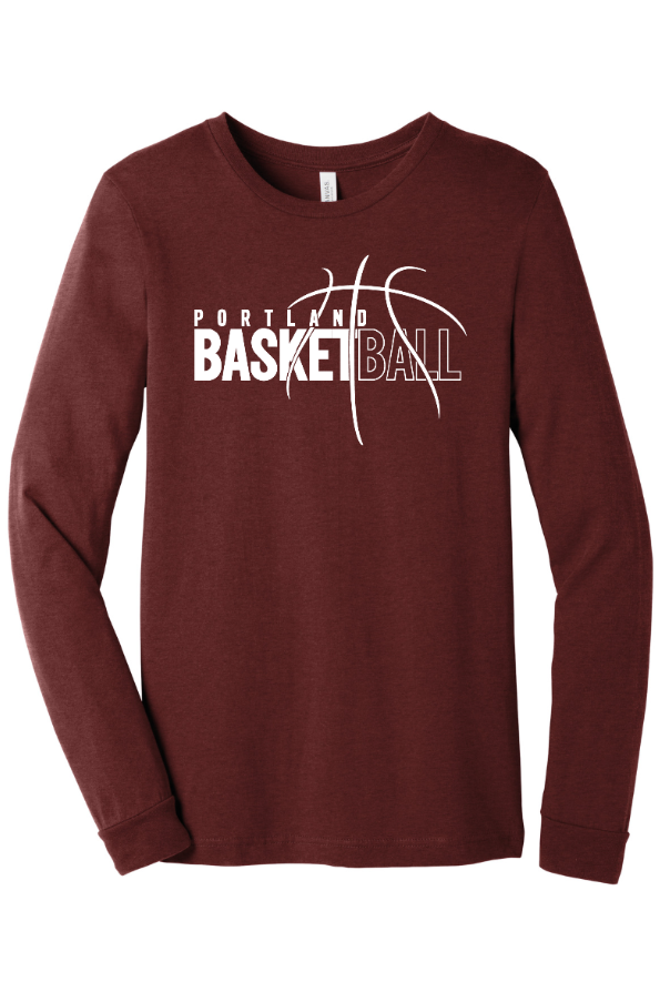 Portland Middle School Basketball - Adult Unisex Long Sleeve Tee -- Heather Cardinal / Black