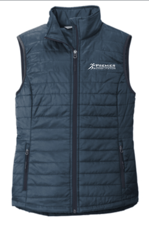 Custom Apparel - Screen Printing - Premier Rehabilitation - Women's Packable Puffy Vest (Black - Navy - Graphite) - Premier Rehabilitation - 16667