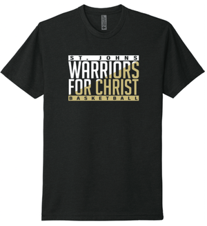 Custom Printed Apparel | St. John's Warriors for Christ Basketball - Split Color Design Adult Black T-Shirt - St. Johns Basketball F25 - 18589