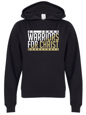 Custom Printed Apparel | St. John's Warriors for Christ Basketball - Split Color Design Youth Black Hoodie - St. Johns Basketball F25 - 18589