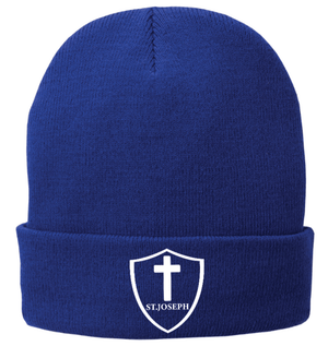 Custom Printed Apparel | St. Joseph Winter 2025 - Fleece - Lined Knit Cap "Cross Badge Design" (Royal/Grey) - St.Joseph W25 - 18598