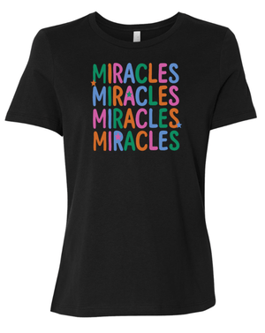 Custom Printed Apparel | St. Martha Fall 2025 - Women's Black T-Shirt Miracles Repeating Design - St. Martha F25 - 18497